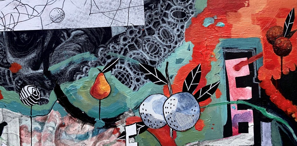 Photo of a collage painting piece with drawings of different fruits and lace.