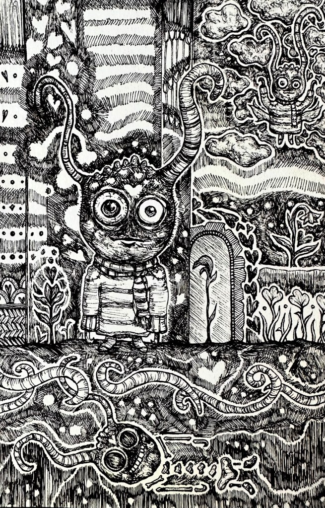 drawing of monster standing on ground with skeleton of a monster beneath him